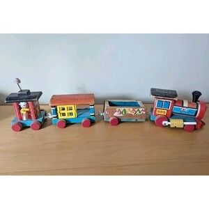 Vintage Fisher-Price Huffy Puffy Train 999 Wood Plastic Pull Toy Set 4 Pieces